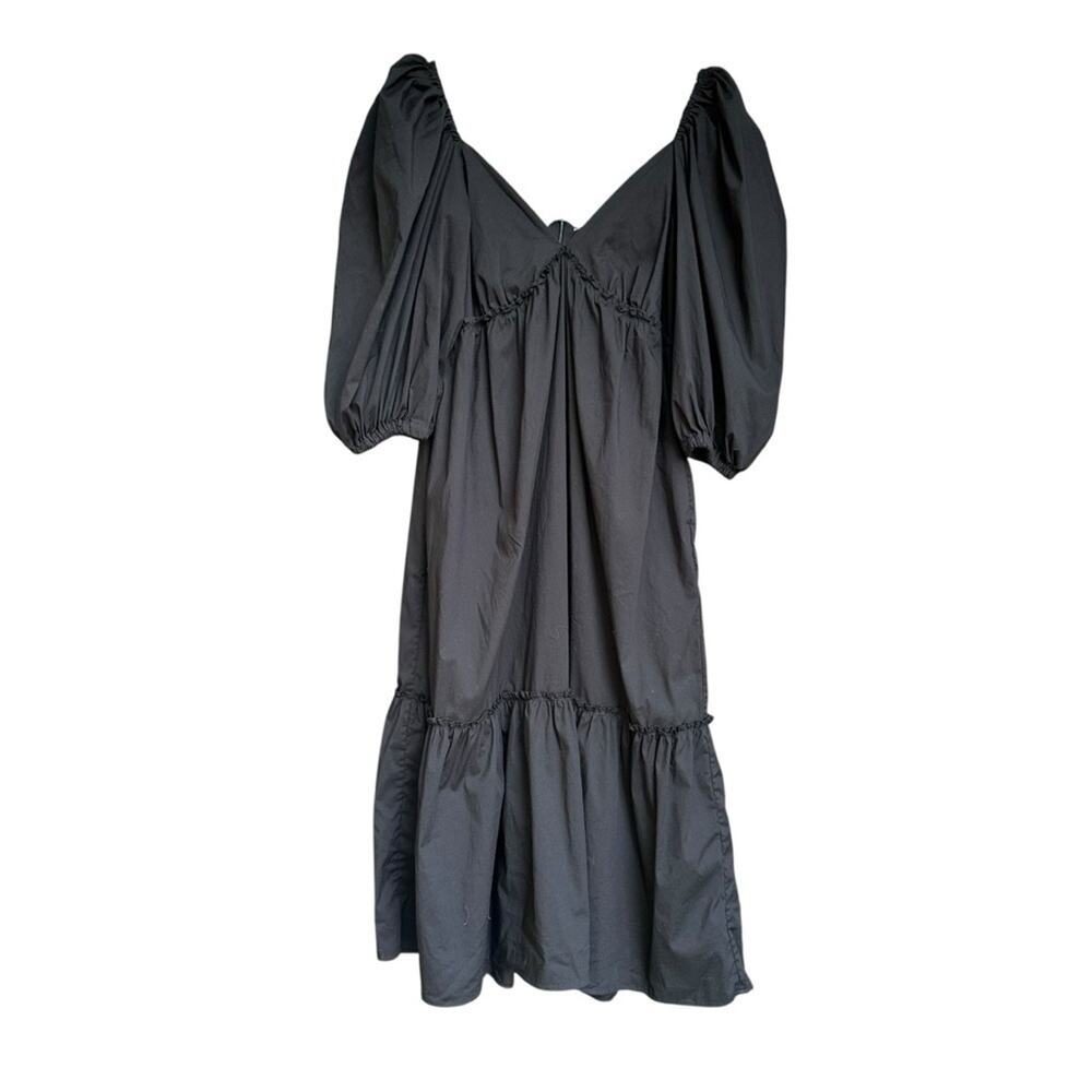 Padova Columbia Black Tiered Puff Sleeve Sweetheart Midi Dress 100% Cotton Sz 8